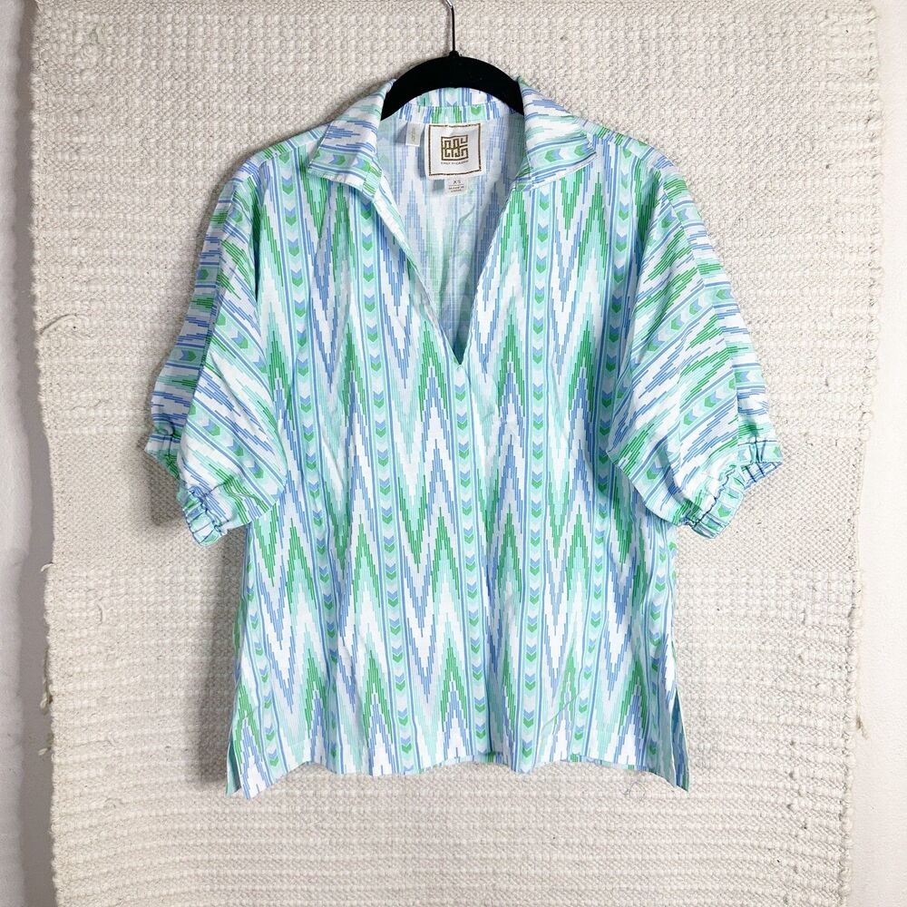 EMILY MCCARTHY blue and green zigzag Poppy puff sleeve top XS